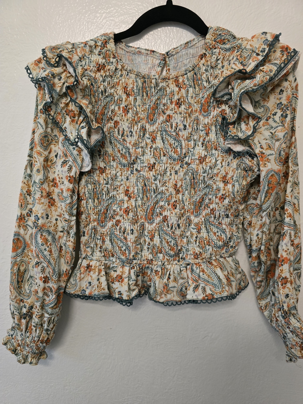 Three Bird Nest Smocked Paisley Ruffle Blouse - Cream, Teal & Orange